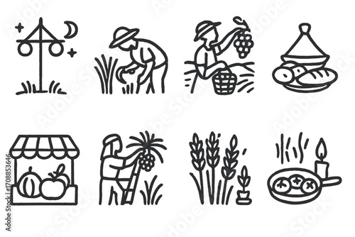 Linear icons depicting farming and harvest with farmers and crops