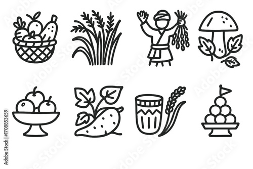 Traditional harvest festival symbols in linear style on dark background
