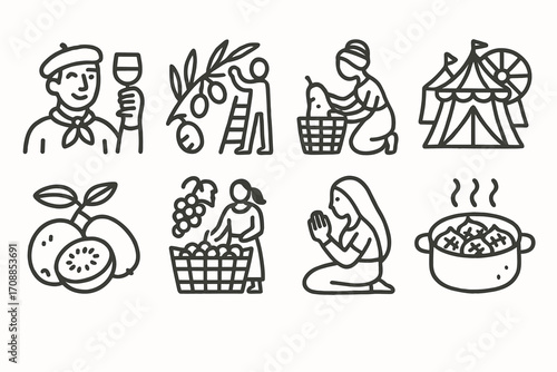 Wine and harvest festival icons: line art set celebrating food, culture, and tradition