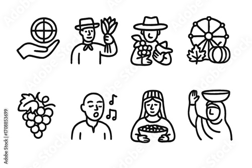 Linear icons of agricultural festival celebrations with farmers and musical elements