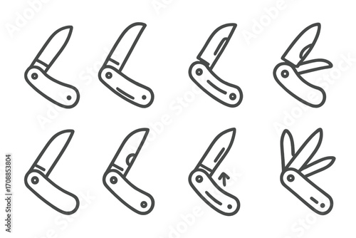 Set of minimalist folding knives in linear style on dark background