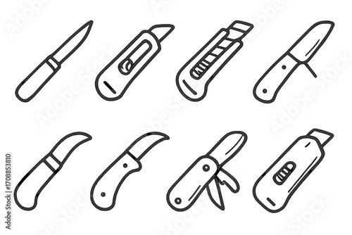 Outline collection of various knives on brown background