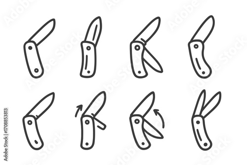 Folding knife silhouette set on dark background featuring various open and closed positions