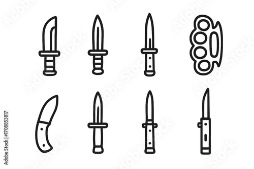 Outline icons of knives and brass knuckle set on dark background