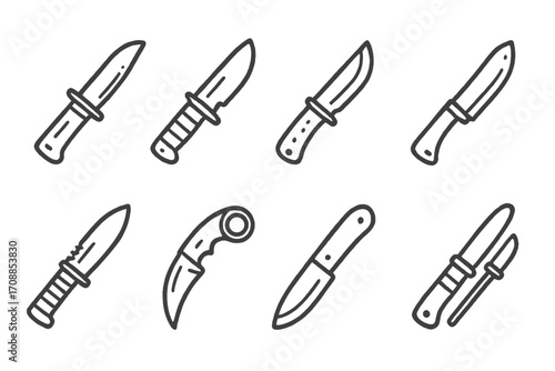 Set of linear knife icons on dark background for outdoor and survival themes