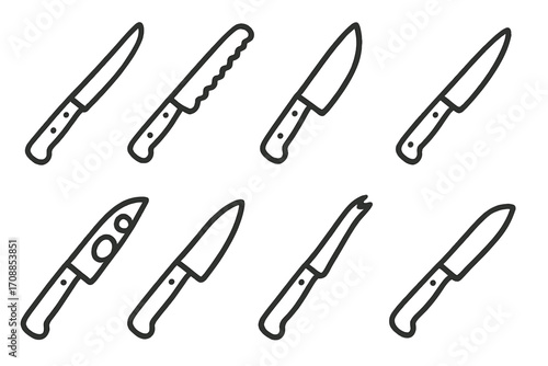 Set of kitchen knives in minimalist linear style on gradient background