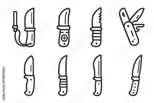 Set of linear hunting knives icons on olive green background for camping and survival