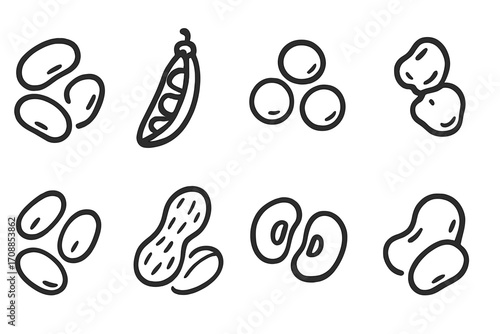 Hand-drawn legume icons on dark background with peas, beans, and lentils