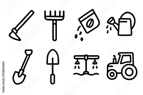 Gardening tools and equipment icons set on dark background