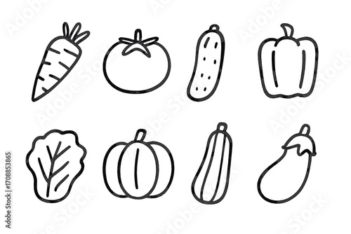 Chalk-style vegetable icons on dark background: carrot, tomato, cucumber, pepper, lettuce, pumpkin, zucchini, eggplant