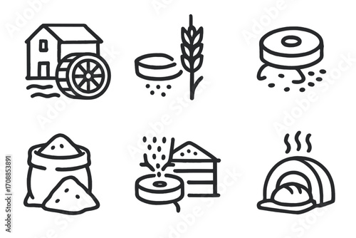 Farmhouse icons: traditional bread making and grain processing in minimalist style
