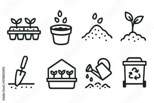 Simple gardening icon set with seedlings, tools, and eco elements