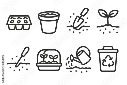 Eco-friendly gardening icons: sustainable planting and recycling set