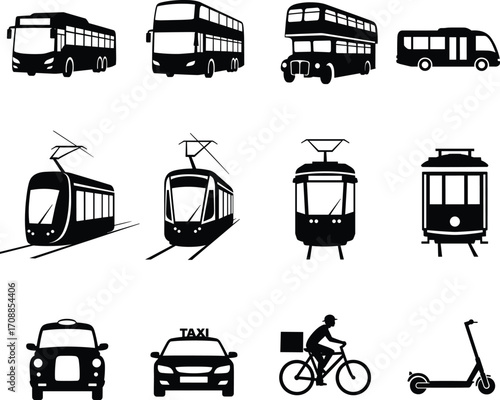 transportation, bus, tram, taxi, bike, courier, scooter, silhouette, urban, city, public transit, delivery, commuting, travel, vehicle, modern, black and white, minimal, icon, mobility