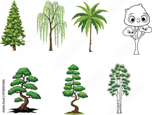 Tree illustrations, conifer, willow, palm, bonsai, birch, cartoon tree, stylized nature art, forest plants, botanical design, garden, foliage icons