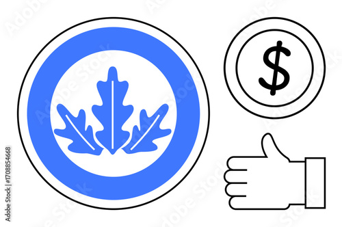 Blue oak leaf emblem beside dollar sign and thumbs-up icon emphasizing balance of nature, economy, and approval. Ideal for sustainability, ecology, economy, finance, approval, branding simple