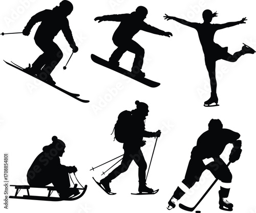 Winter Sports Silhouettes: Skiing, Snowboarding, Ice Skating, Sledding, Snowshoeing, and Ice Hockey Figures in Black-and-White