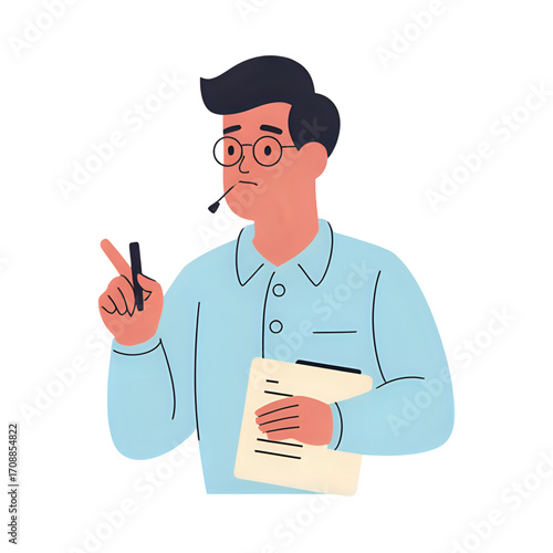 Man in glasses holding a pen and document isolated on transparent background