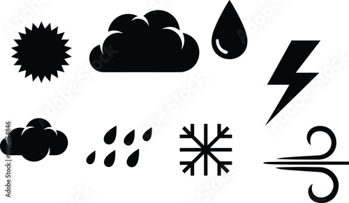 Weather icons set including sun, clouds, raindrops, lightning, snowflake, wind, and different weather conditions symbols in vector style.