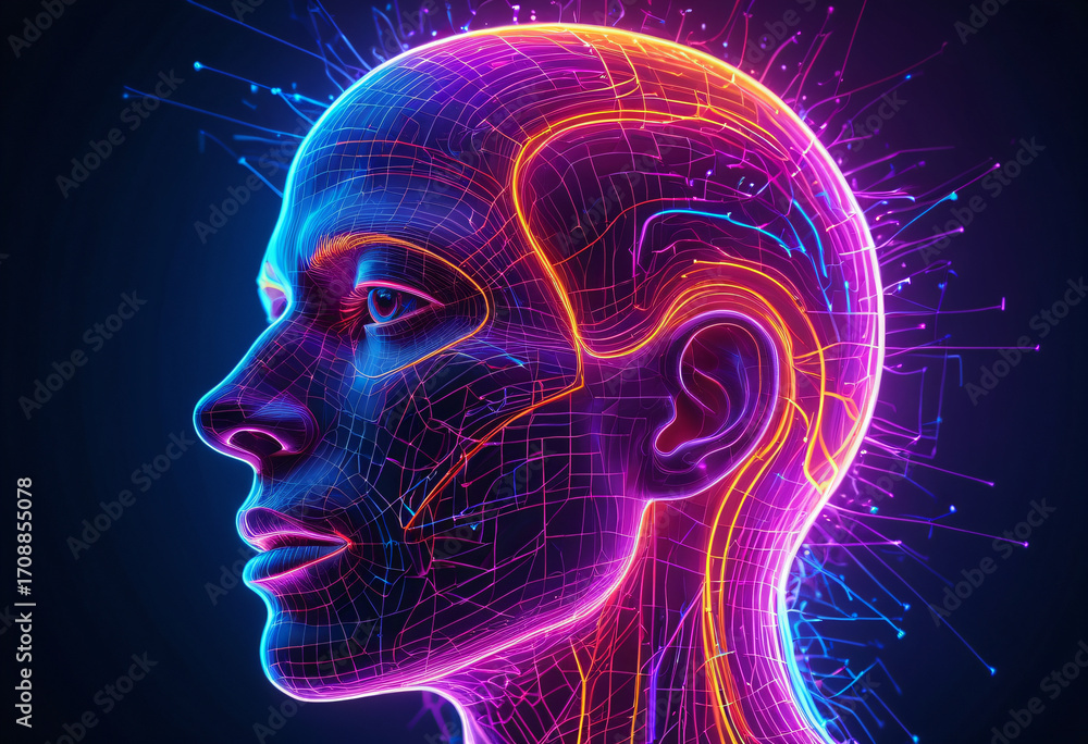 Obraz premium 3D-Rendered Human Head with Neurons and Synapses