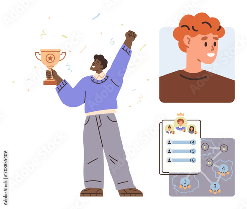 Person celebrating with trophy, leaderboard rankings, profile card, and challenge roadmap. Ideal for success, achievement, competition, rewards motivation goals recognition. Fun and simple flat