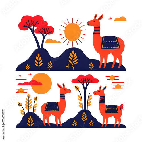 Cute llamas in a stylized landscape with sun and trees isolated on transparent background