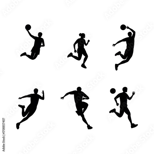 Six abstract figures in motion with dynamic brushstrokes isolated on transparent background