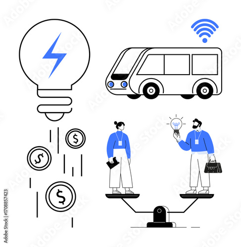 Electric bus, energy-efficient lightbulb, coins, wireless signal, and two people on a scale. Ideal for sustainability, green technology, economy, innovation transportation energy savings