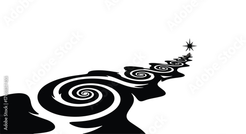 Black swirling path leads to a distant bright star on white background, symbolizing hope and direction.