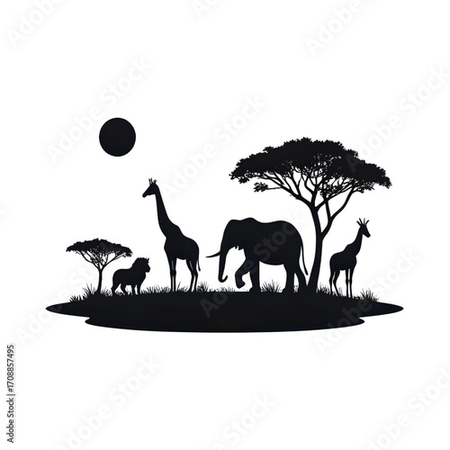 African savanna wildlife silhouette with acacia trees and moon isolated on transparent background
