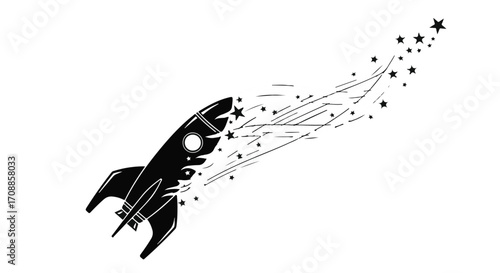 Futuristic rocket launching into space leaving a trail of stars and motion.