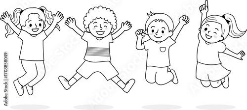 Black and White Line Art of Happy Jumping Children