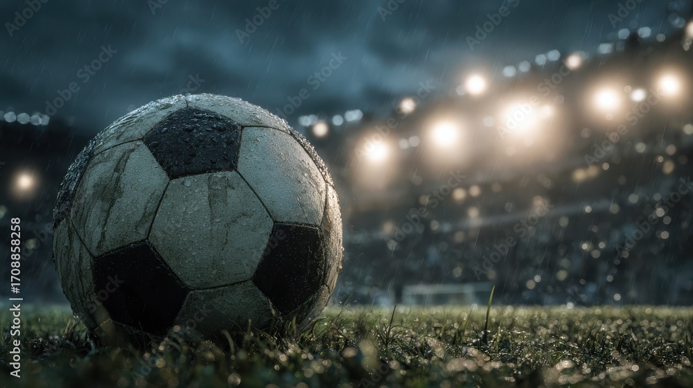 Fototapeta premium Soccer Ball Resting on Grass Field Under Stadium Lights, Ready for Action - Close-Up Shot of a Nighttime Football Match, Intense Game Moment