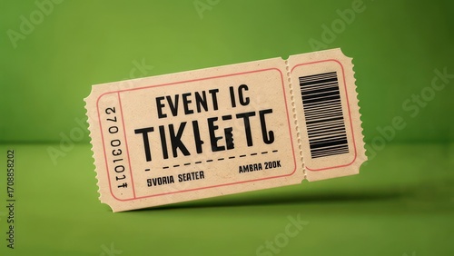 A tan paper event ticket with a barcode, slightly angled against a solid green backdrop, displays 