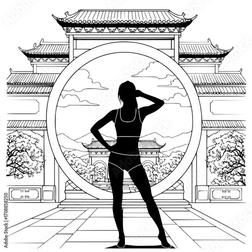 Silhouette of a woman in sports clothes in front of the traditional eastern gate, as a symbol of health and sports