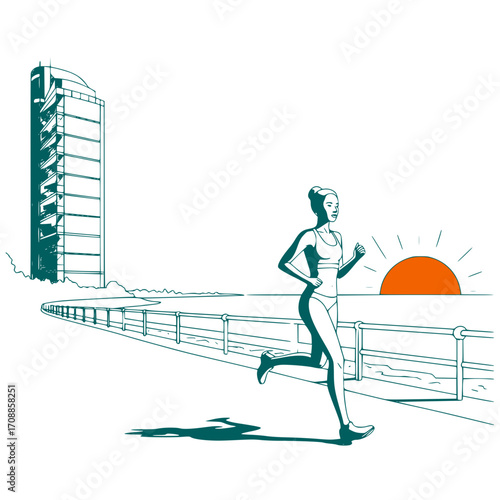 Morning jog at dawn - Woman jogging along waterfront pathway during sunrise  