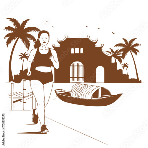 Vector on the theme of morning jogging at dawn:  A young woman jogging in front of a traditional building with palm trees