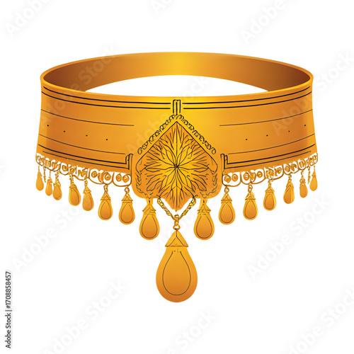 Ornate golden waist belt with dangling pendants isolated on transparent background