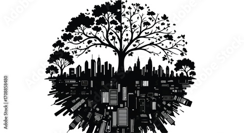 Urban landscape merges with nature's growth, symbolizing balance and sustainability.