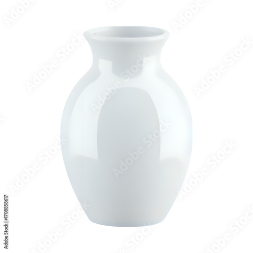 A simple white ceramic vase with a curved body and narrow neck isolated on transparent background