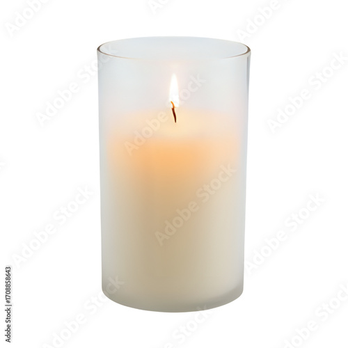 A single lit candle in a frosted glass cylinder isolated on transparent background