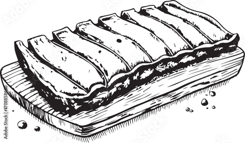 Barbecue ribs Vector Illustration, Sketch Drawing Line Linear Symbol Icon Engraving Coloring Book, Hand-drawn Doodle Black and White Isolated