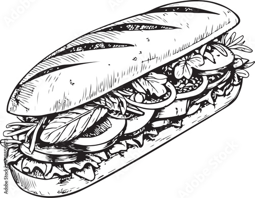 Banh mi Vietnamese Sandwich Vector Illustration, Sketch Drawing Line Linear Symbol Icon Engraving Coloring Book, Hand-drawn Doodle Black and White Isolated
