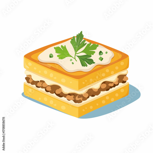Überbackene Kartoffelauflauf-Schichten mit Hackfleisch, Zwiebeln und cremiger Sauce.
