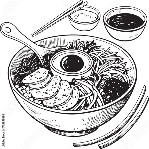 Bibimbap Korean Cuisine Dish Vector Illustration, Sketch Drawing Line Linear Symbol Icon Engraving Coloring Book, Hand-drawn Doodle Black and White Isolated