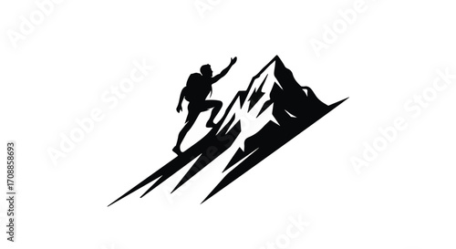 Silhouette of a determined climber reaching the summit of a majestic mountain peak.