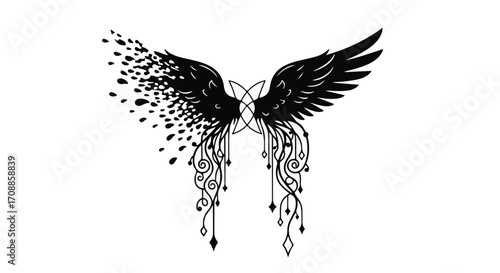 Mysterious black wings dissolving into ethereal particles with ornate magical embellishments