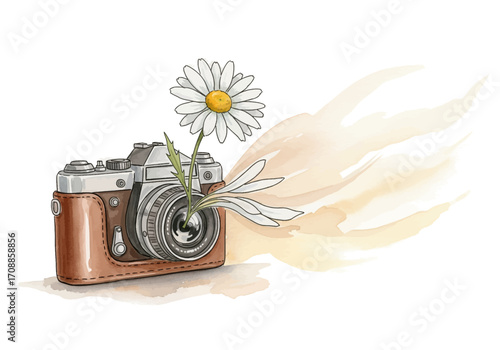 Artistic Illustration of a Vintage Camera Capturing a Daisy in Bloom with Wisps of Smoke