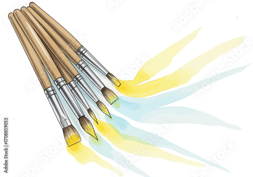 Set of artistic paintbrushes with vibrant yellow and blue paint strokes on a white background, a concept for a creative hobby and artistic expression