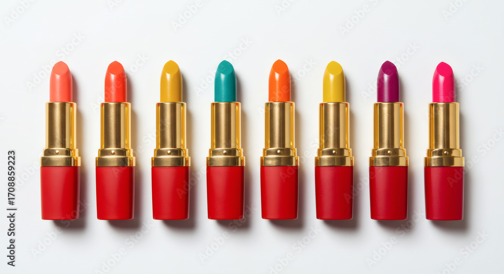 Obraz premium Collection of Colorful Lipsticks in Golden Cases on White Background 04